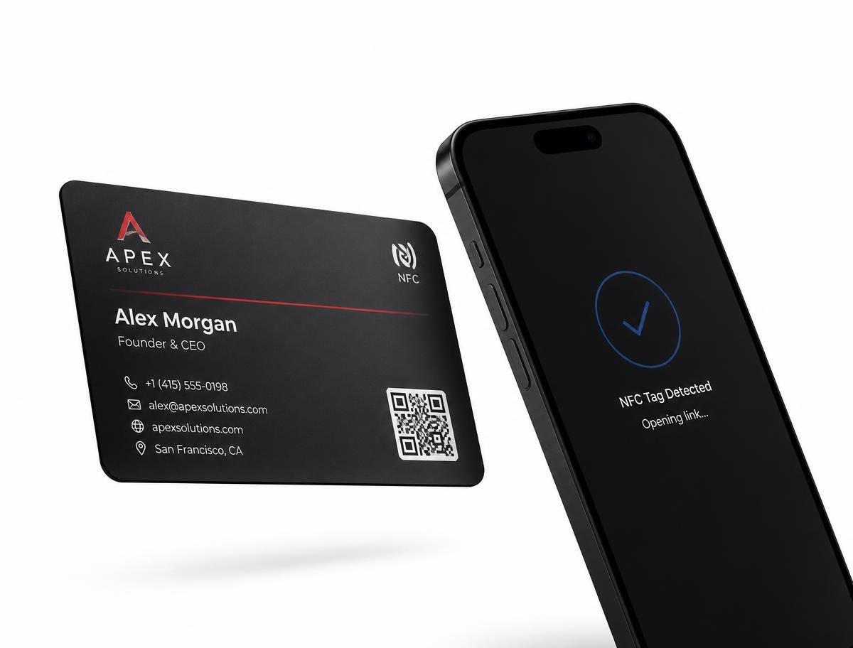 Cartão digital preto com QR Code sendo aproximado de um celular por NFC