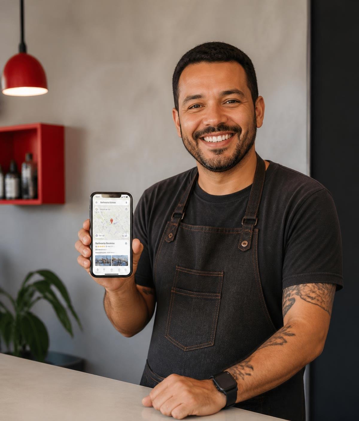 Dono de negócio local mostrando seu perfil da empresa no Google no celular