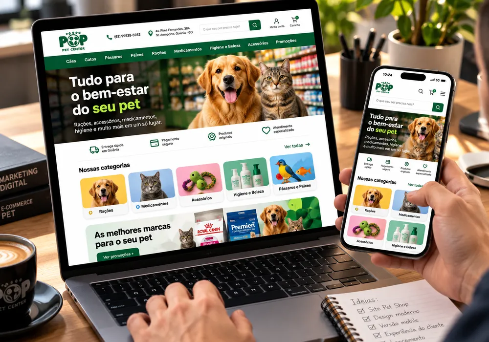 Criação de site profissional de pet shop no laptop e no celular